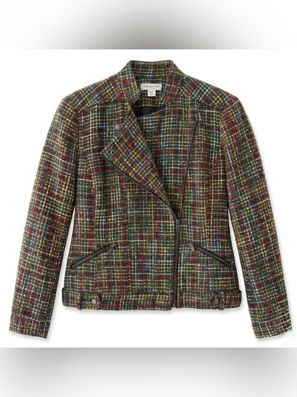Coldwater Creek Rainbow Multicolor Tweed Zip Moto Jacket Preppy Edgy